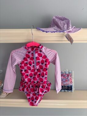 UV Skins - Girls' Pink Strawberry Long-Sleeve One-Piece Rash Guard Swimsuit